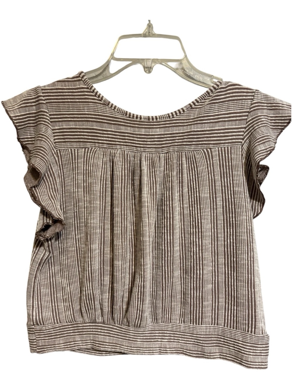 Caution To The Wind Brown and White Striped Flutter Sleeve Top